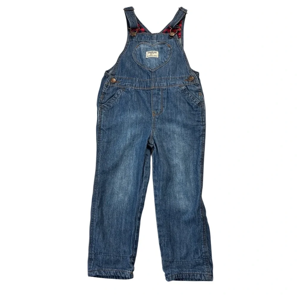 OshKosh B'gosh Denim Overalls Jumper Plaid Bib Blue Heart Pocket Size 4T Vintage